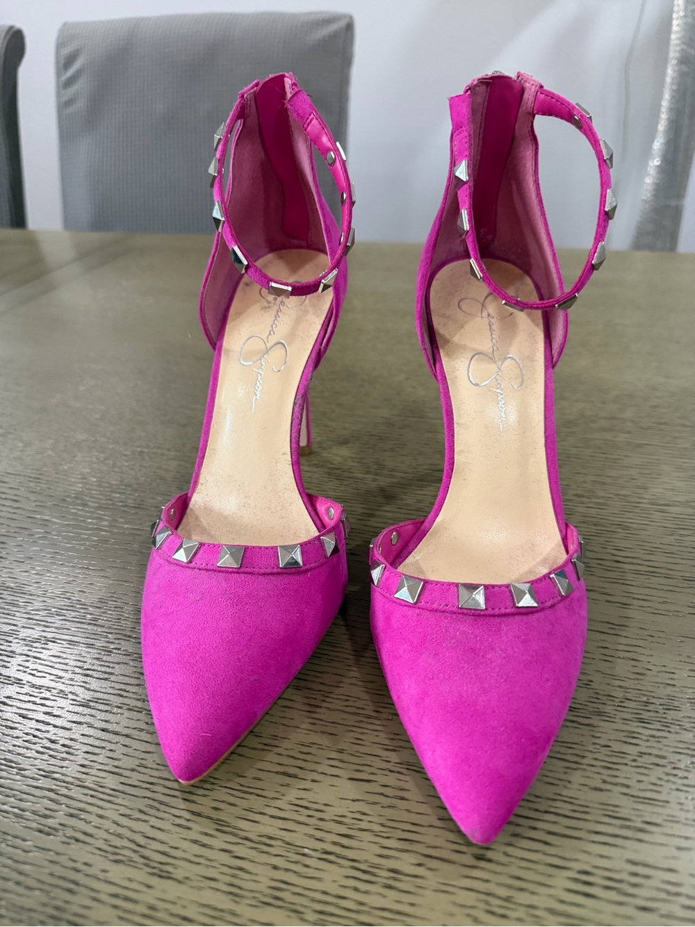 Jessica Simpson Hot Pink Studded Pointed-Toe Ankle-Strap Heels